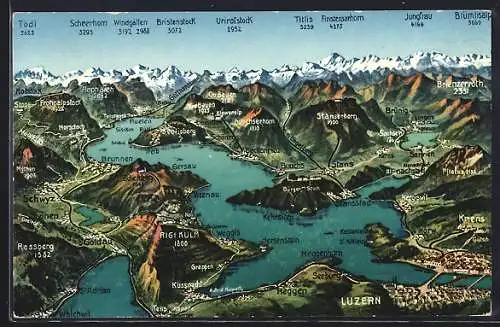 AK Luzern, Gesamtansicht des Vierwaldstättersees mit Blick in die Alpen aus der Vogelschau