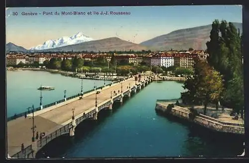 AK Genève, Pont du Mont-Blanc et Ile J.-J. Rousseau