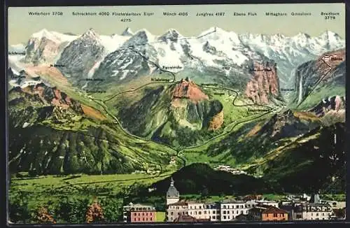 AK Interlaken, Panoramablick in die Berge mit Mönch, Jungfrau, Wetterhorn etc.