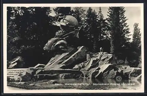 AK Bern, Internationale Postwertzeichen-Ausstellung 1910, Skulptur mit Weltkugel