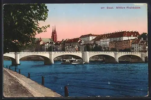 AK Basel, Mittlere Rheinbrücke mit Kirche