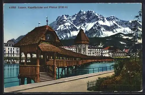 AK Luzern, Kapellbrücke und Pilatus