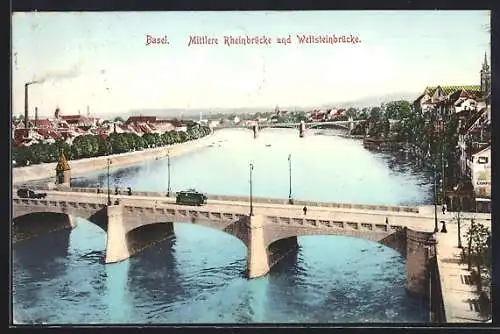 AK Basel, Mittlere Rheinbrücke und Wettsteinbrücke