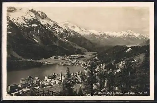 AK St. Moritz-Dorf, Panorama mit Bad und Alpen