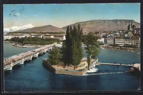 AK Genève, Pont des Bergues, Pont du Mont-Blanc et Mont-Blanc