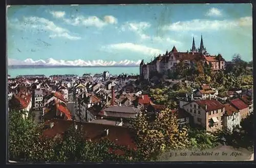 AK Neuchâtel, La Ville et les Alpes