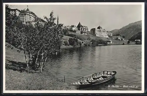 AK St. Moritz-Dorf, Uferpartie mit Boot