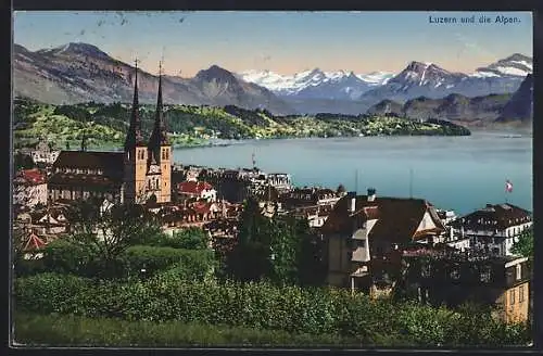 AK Luzern, Teilansicht mit den Alpen