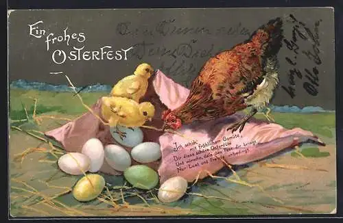AK Glucke mit Osterküken an einer Tüte Ostereier