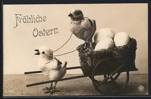 AK Zwei Osterküken mit einem Karren, Ostergruss