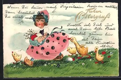 AK Holländerin mit Osterkorb und Osterküken, Ostergruss