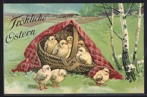 AK Fröhliche Ostern, Osterküken in einem Körbchen