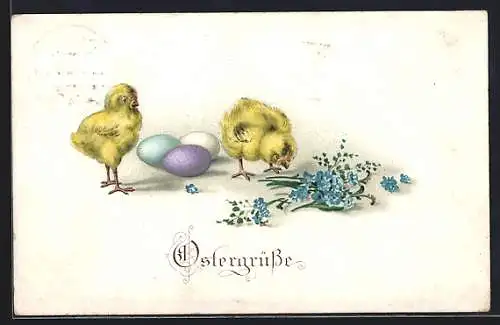 AK Osterküken mit Ostereiern und Vergissmeinnicht, Ostergruss