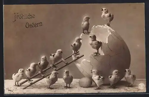AK Osterküken auf einer Leiter zum Osterei, Ostergruss