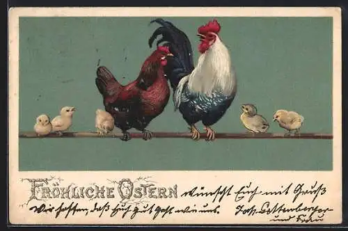 Lithographie Hühner mit Küken auf der Stange, Fröhliche Ostern