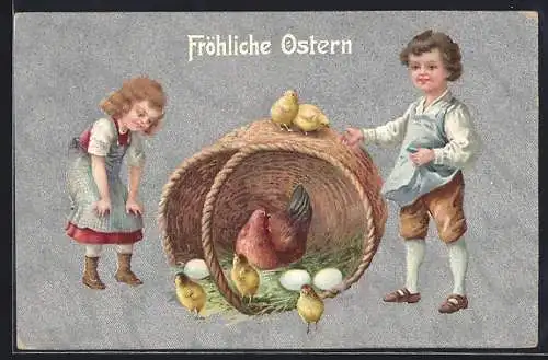 Präge-AK Kinderpaar mit Henne und Osterküken im Korb, Ostergruss