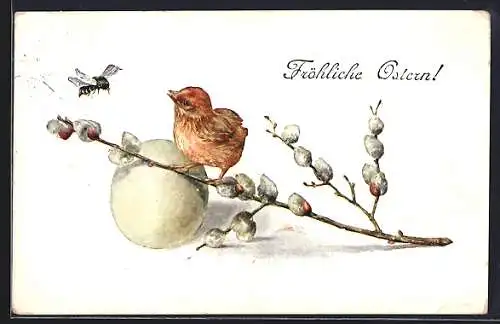 AK Osterküken auf Kätzchenzweig beobachtet Wespe, Ostergruss