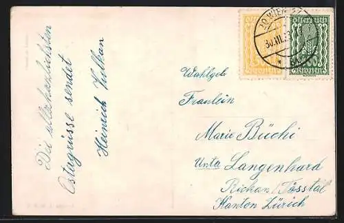 AK Osterküken auf Kätzchenzweig beobachtet Wespe, Ostergruss