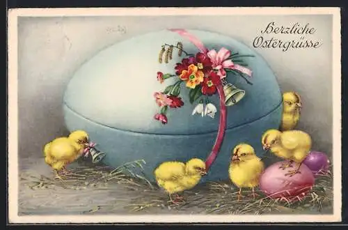 AK Fünf Osterküken am Osterei, Ostergruss