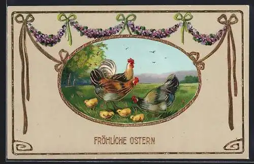 AK Hennen und Hahn mit Osterküken, Ostergruss