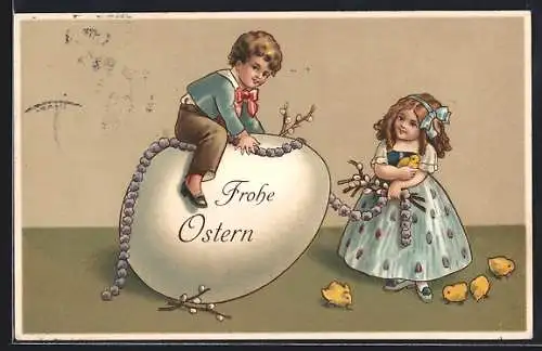 AK Kinder mit Osterküken und Ei