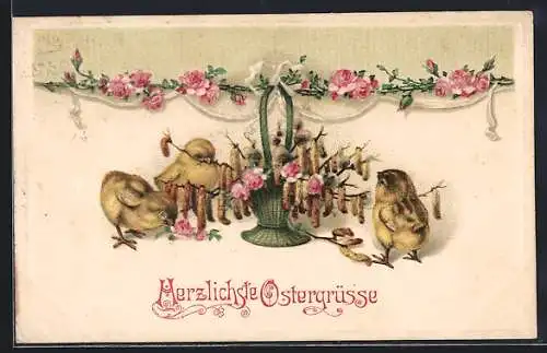 Präge-AK Osterküken am Korb mit Zweigen, Ostergruss
