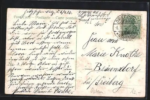 AK Weidende Lämmer, Henne mit Osterküken, Ostergruss