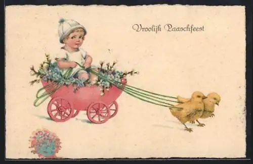 AK Kleiner Junge mit Osterkükengespann, Ostergruss