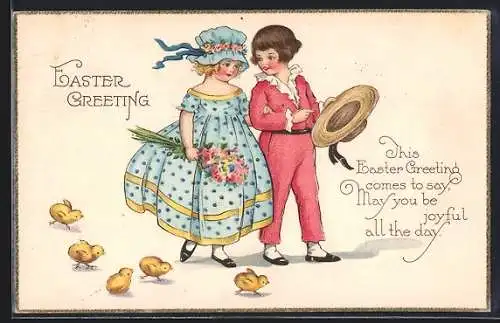 AK Pärchen mit Osterküken, Ostergruss