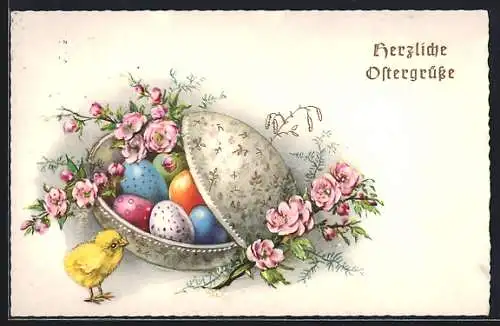 AK Osterküken vor Schale mit Ostereiern, Ostergruss