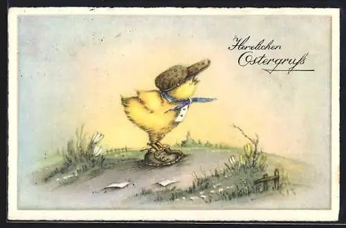 AK Osterküken mit Schirmmütze, Ostergruss