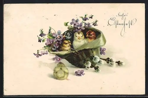 AK Osterküken im Hut mit Kätzchenzweigen, Ostergruss