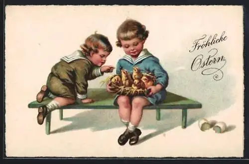 AK Zwei Kinder mit Osterküken im Korb, Ostergruss