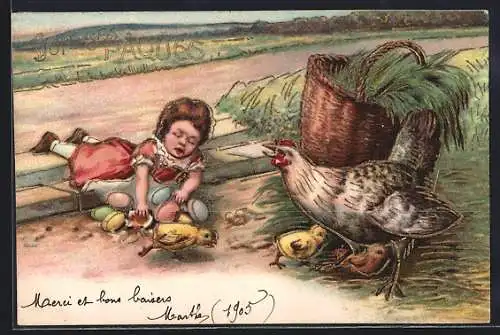 AK Ostergruss, Mädchen stolpert mit Arm voller Ostereier, Osterküken fliehen zur Glucke