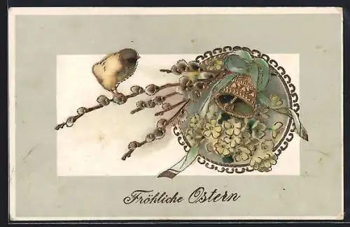 AK Osterküken auf Kätzchenzweig an einer Glocke, Ostergruss