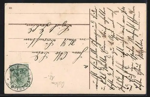 AK Osterküken auf Kätzchenzweig an einer Glocke, Ostergruss