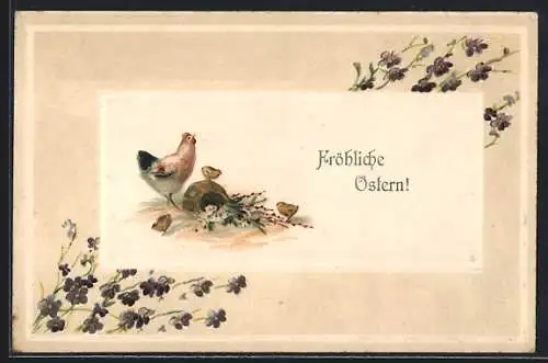 Präge-AK Henne mit Osterküken und Zweigen, Ostergruss
