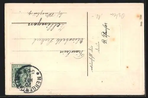 Präge-AK Henne mit Osterküken und Zweigen, Ostergruss