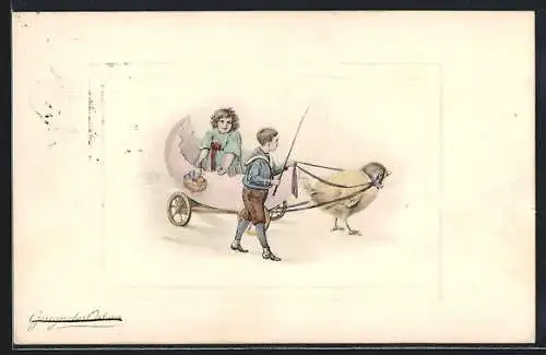 AK Kinderpaar mit Osterkükengespann, Ostergruss
