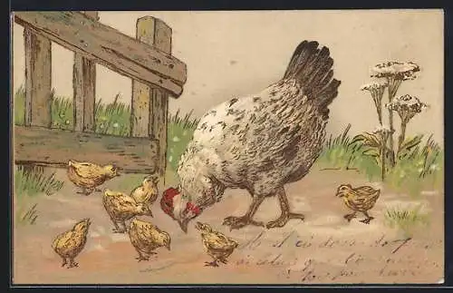 Präge-AK Henne mit Osterküken am Zaun