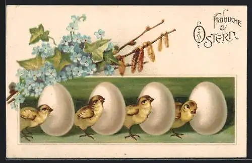 AK Osterküken mit Ostereiern und Vergissmeinnicht