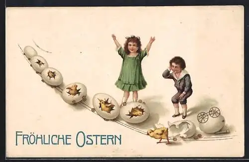 AK Osterküken fahren in Ostereiern mit Rädern