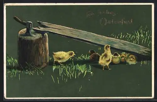 AK Osterküken an einem Brett, Ostergruss