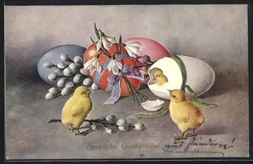 AK Osterküken mit Ostereiern und Kätzchenzweigen, Ostergruss