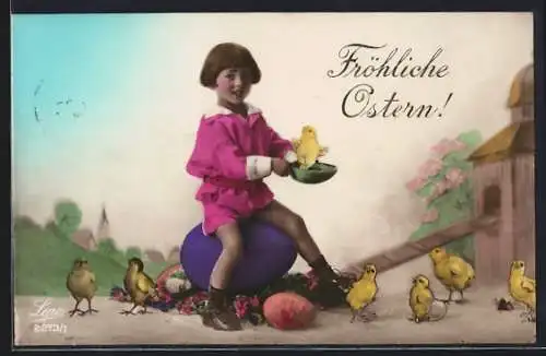 AK Kleiner Junge mit einem Osterküken, Ostergruss