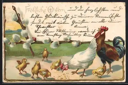 AK Ostern, Hahn und Henne mit ihren Küken beim fressen, Weidenzweige