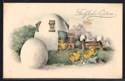 AK Küken am Eierschalenhaus, Fröhliche Ostern!