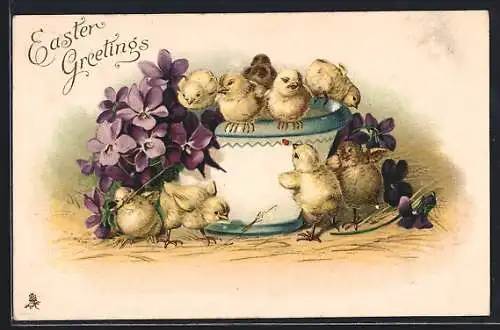 AK Eine Schar Küken auf einer Schale, Easter Greetings
