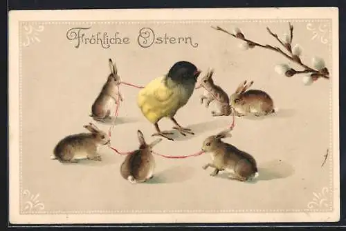 AK Osterhasen umringen ein Osterküken