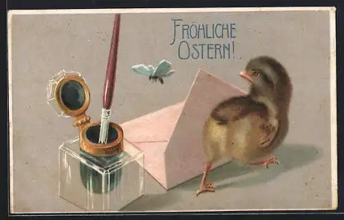 AK Osterküken mit Brief, Tintenfass und Feder